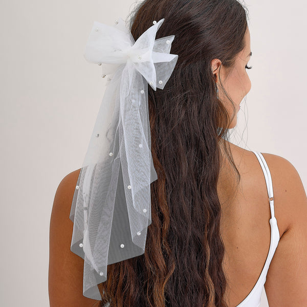 White Hair Bow with Pearls - Hen Party Additions - The Pretty Prop Shop Parties