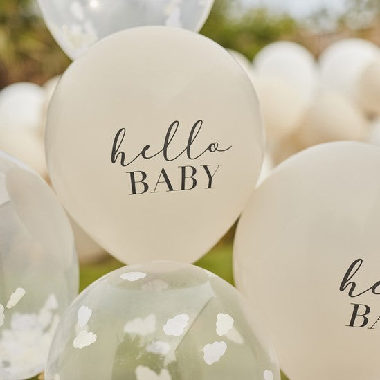 Hello Baby Taupe and Cloud Confetti Baby Shower Balloons - The Pretty Prop Shop Parties
