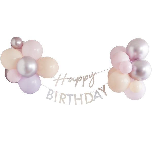 Pastel Pink Happy Birthday Bunting with Balloons - The Pretty Prop Shop Parties