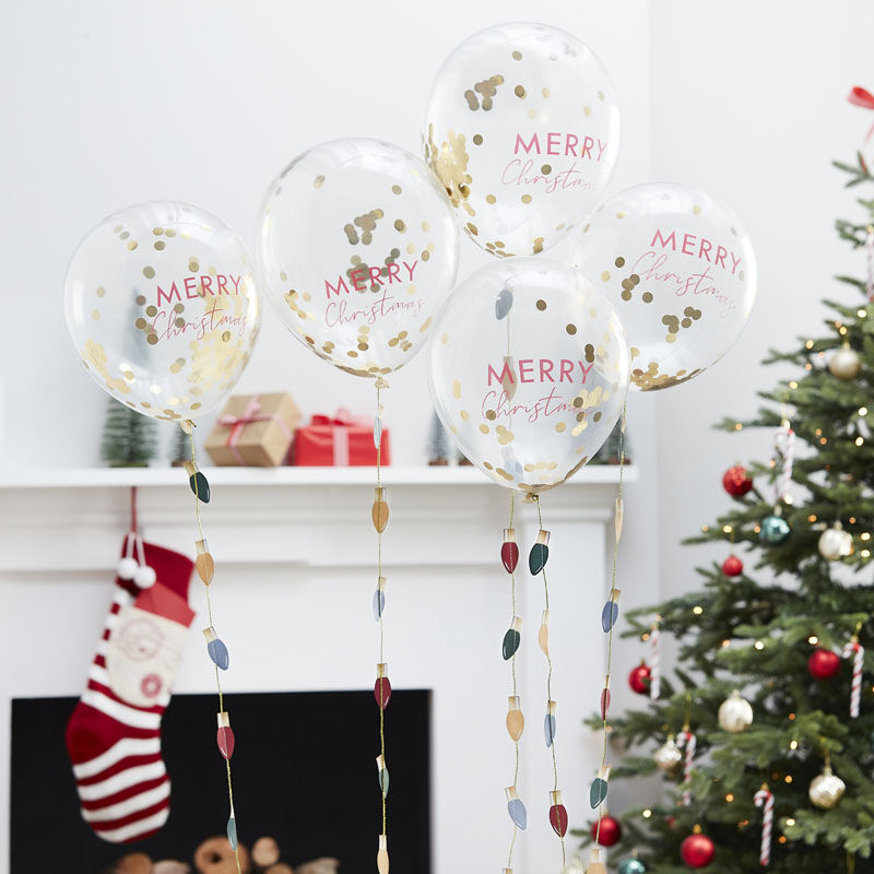 Merry Christmas Confetti Balloons with Light Bulb Balloon Tails - The Pretty Prop Shop Parties