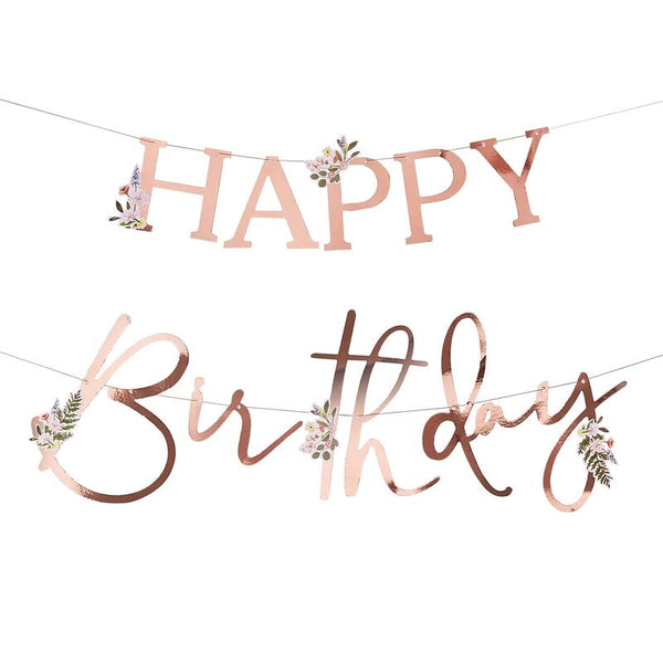 Floral Happy Birthday Bunting - Rose Gold - The Pretty Prop Shop Parties
