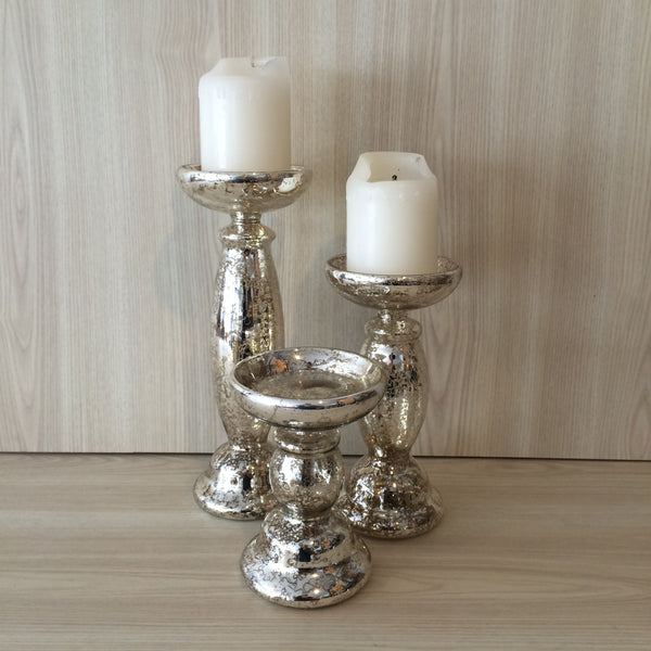 Mercury Glass Pillar Candle Holders - Silver - EX HIRE ITEMS - The Pretty Prop Shop Parties