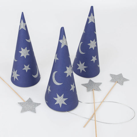 Wizard Party Hats & Wands (x 6) - The Pretty Prop Shop Parties