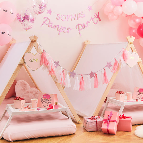 Pink Glitter Personalized Pamper Party Banner - The Pretty Prop Shop Parties