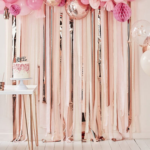 Pink & Rose Gold Metallic Party Streamer Backdrop - The Pretty Prop Shop Parties, Auckland New Zealand
