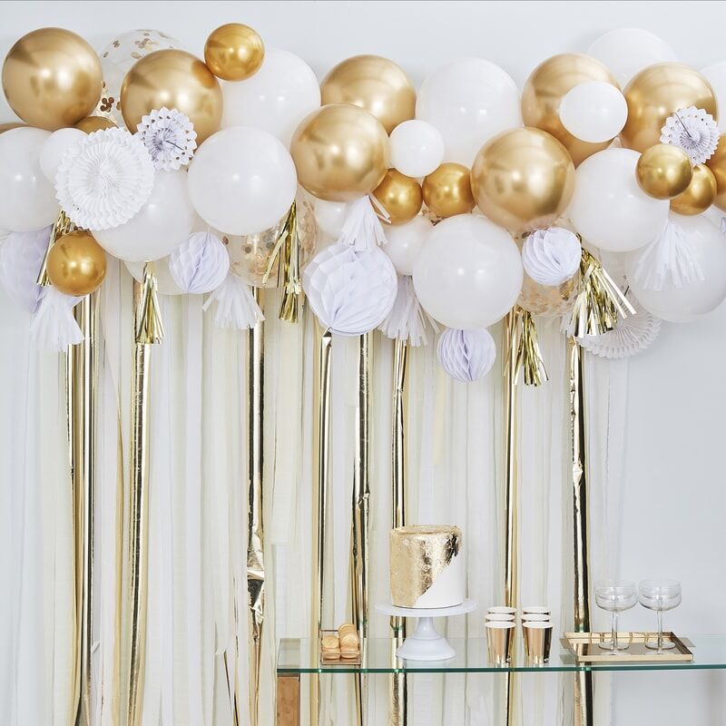 Gold Balloon & Fan Garland Party Backdrop - The Pretty Prop Shop Parties, Auckland New Zealand