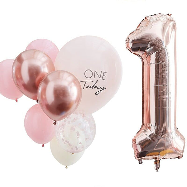 First Birthday Balloons - Pink and Rose Gold