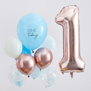 First Birthday Balloons - Blue and Rose Gold - The Pretty Prop Shop Parties