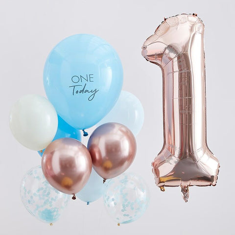 First Birthday Balloons - Blue and Rose Gold