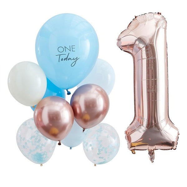 First Birthday Balloons - Blue and Rose Gold - The Pretty Prop Shop Parties