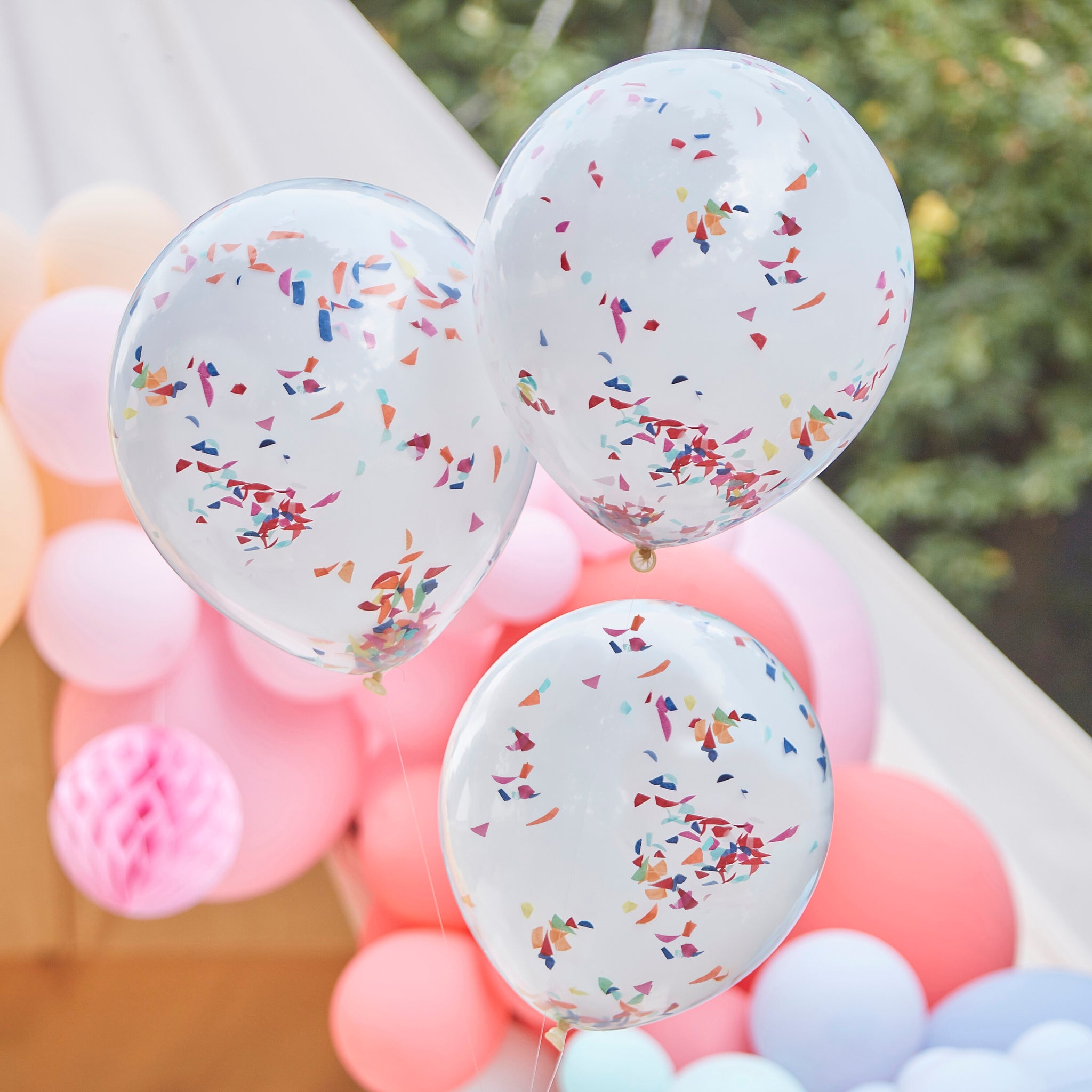 Double Layered White and Rainbow Confetti Balloon Bundle