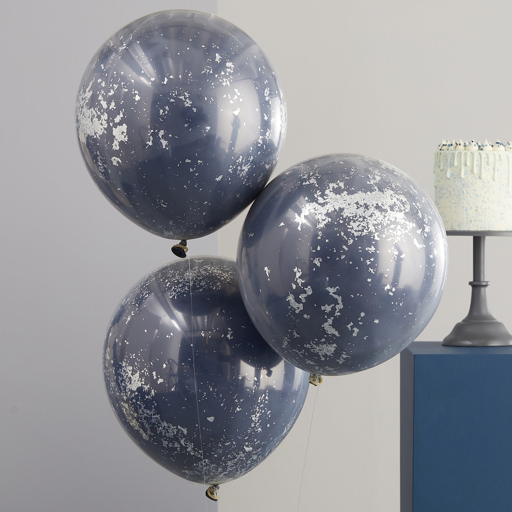 Double Layered Navy and Silver Confetti Balloon Bundle - The Pretty Prop Shop Parties