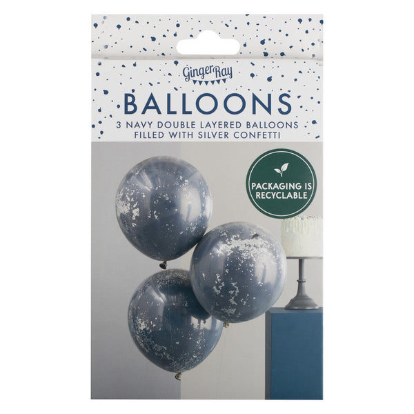 Double Layered Navy and Silver Confetti Balloon Bundle - The Pretty Prop Shop Parties