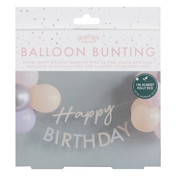 Pastel Pink Happy Birthday Bunting with Balloons