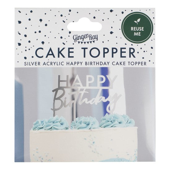 Happy Birthday Silver Cake Topper