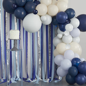Blue, Cream & Silver Streamer and Balloon Arch Party Backdrop - The Pretty Prop Shop Parties