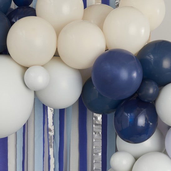 Blue, Cream & Silver Streamer and Balloon Arch Party Backdrop - The Pretty Prop Shop Parties