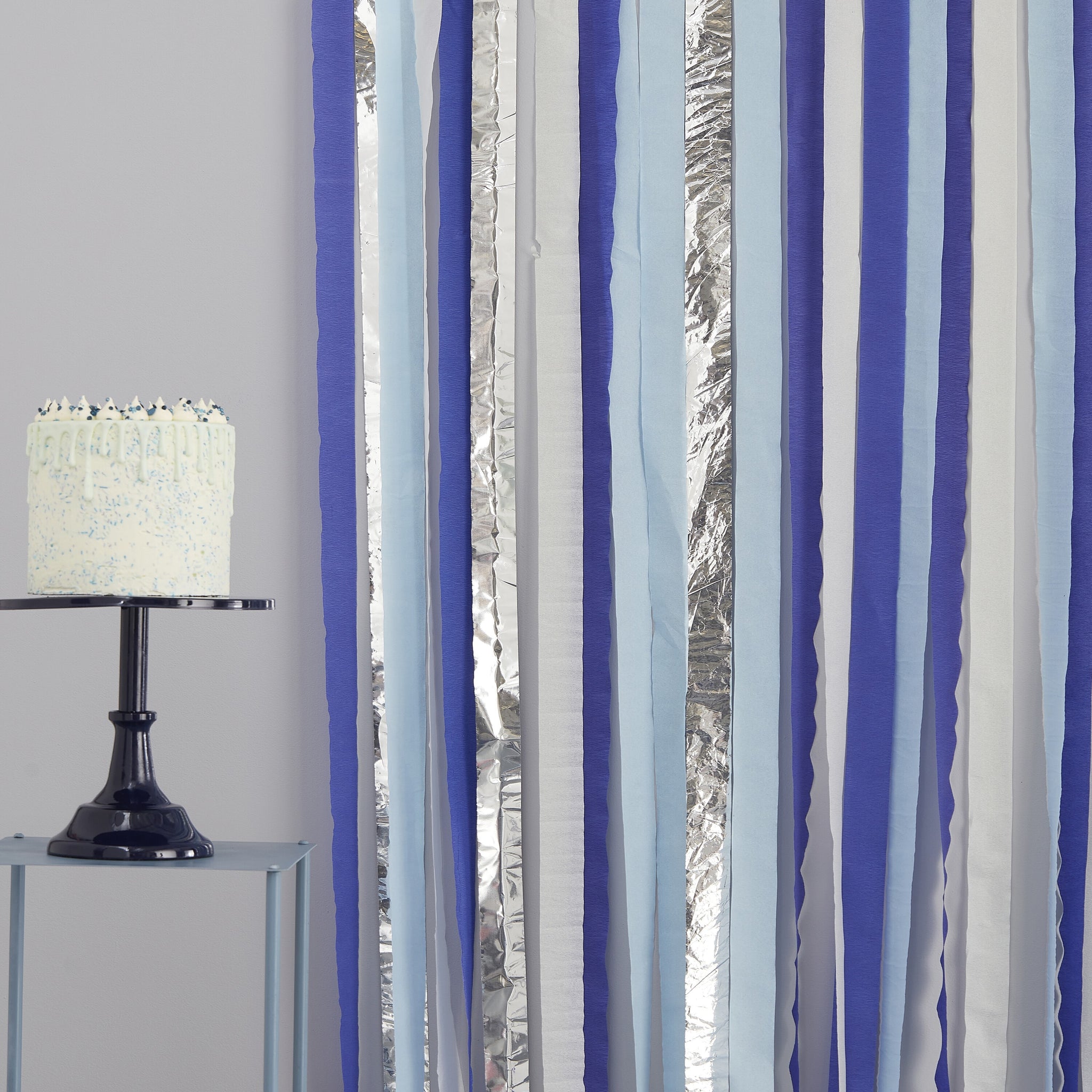 Blue and Silver Metallic Party Streamer Backdrop - The Pretty Prop Shop Parties
