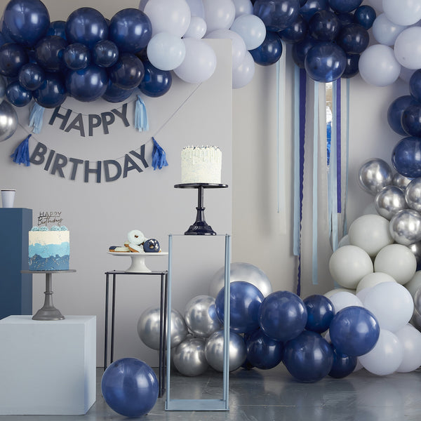 Blue, Cream & Silver Streamer and Balloon Arch Party Backdrop